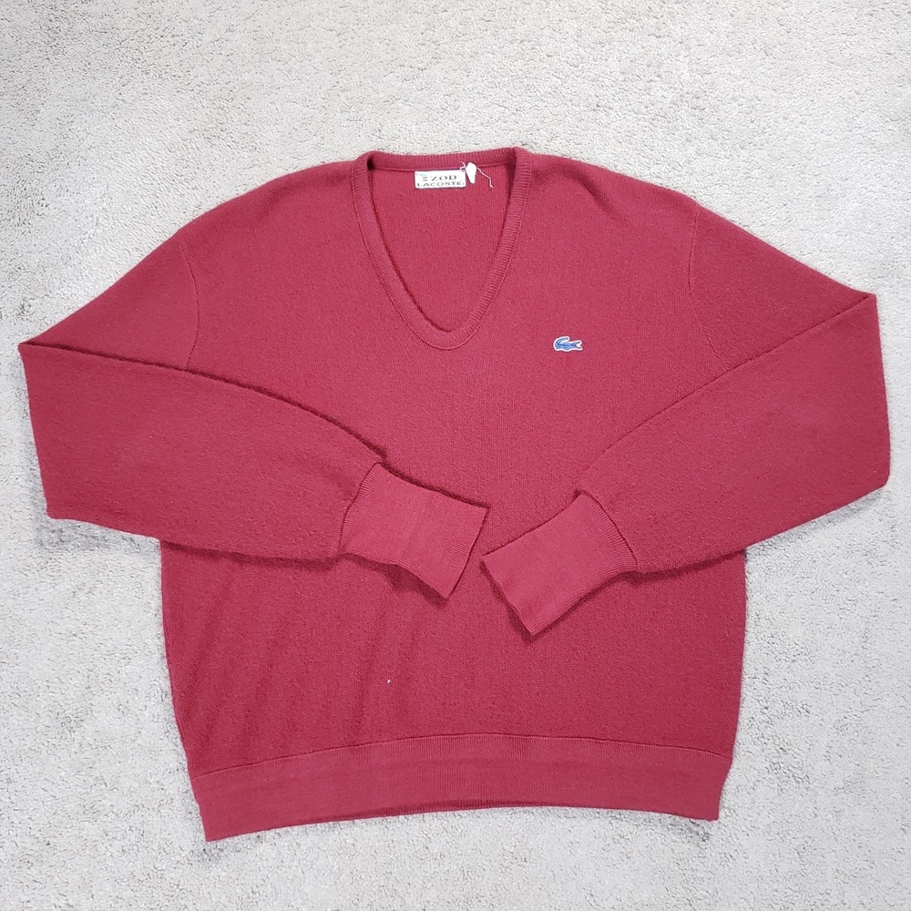 Vintage IZOD LACOSTE Sweater Mens XL Red‎ Orlon Acrylic Long Sleeve V-Neck